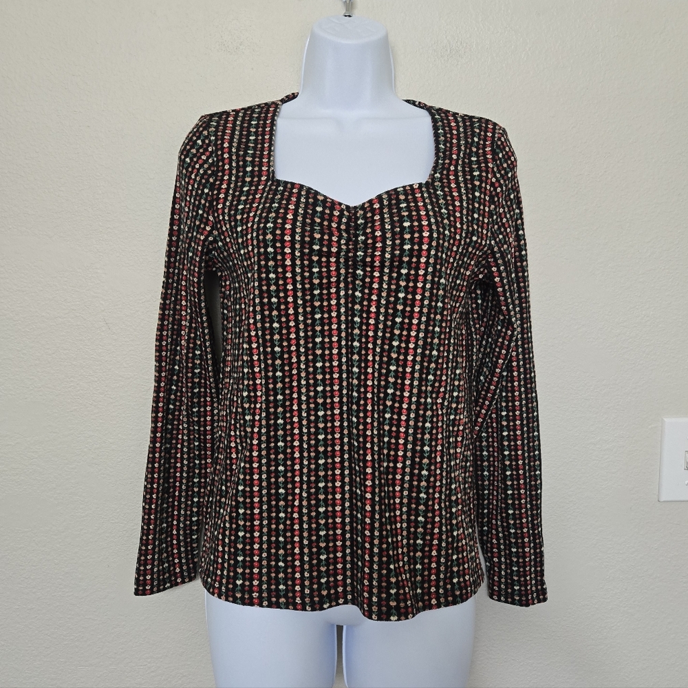 Loft Floral Sweetheart Neck Long Sleeve Shirt Top Size Small